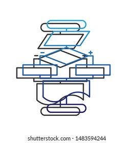 Algorithm sign. Blue icon with gold contour with dark gray shadow at white background. Illustration.