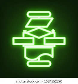 Algorithm sign. Green neon icon in the dark. Blurred lightening. Illustration.