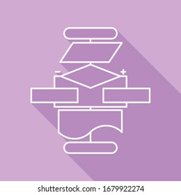 Algorithm sign. White Icon with long shadow at purple background. Illustration.