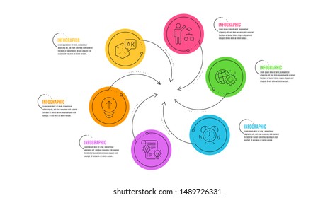 Algorithm, Time management and Augmented reality line icons set. Infographic timeline. Swipe up, Seo gear and Cogwheel signs. Developers job, Alarm clock, Virtual reality. Scrolling page. Vector
