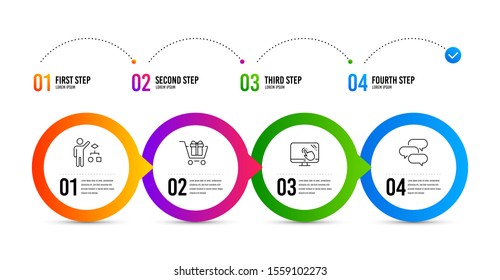 Algorithm, Touch screen and Shopping cart line icons set. Timeline infographic. Talk bubble sign. Developers job, Web support, Gift box. Chat message. Technology set. Algorithm icon. Vector