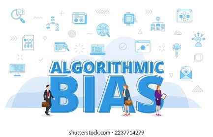 algorithmic bias concept with big words and people surrounded by related icon spreading with modern blue color style