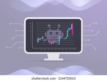 Algorithmic trading concept. AI-managed automated programmatic trading and investment illustration. Robo-advisor - artificial intelligence for forex, stocks. Laptop with growing candle stick chart