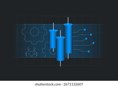 Estratégia de negociação algorítmica com gráfico de castiçal e fundo de tecnologia digital. Negociação algorítmica e análise financeira, investimento de ações e inovação moderna fintech ilustração vetorial