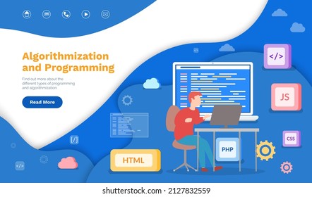 Algorithmization and programming landing page template, coding, programmer at work with task sitting at computer. Programming skills concept, web engineer. Development of coding technologies