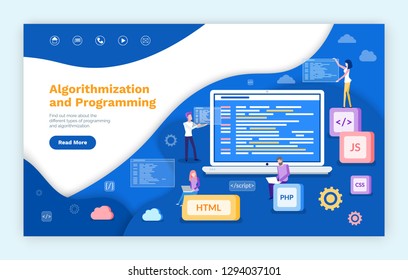 Algorithmization and programming, people developing web services vector. Js and html , css and php computer languages, programmers with laptop screen. Website or webpage template landing page in flat