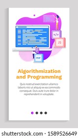 Algorithmization and programming technology, programmers working with laptop, php and js icons, script tech, virtual innovation, electronic vector. Website or app slider, landing page flat style