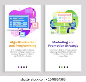 Algorithmization and programming vector, marketing and promotion of products, people sitting on conference, computer and laptop innovation. Website or slider app, landing page flat style