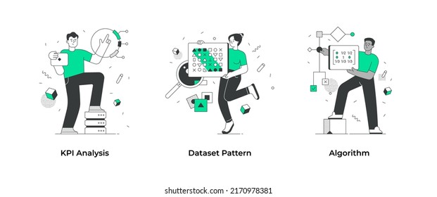 Algorithms, Dataset And KPI Analysis. People Use Algorithms To Optimize Workflow. Set Of Data Science Concepts. Concept Scenes For Visual Storytelling