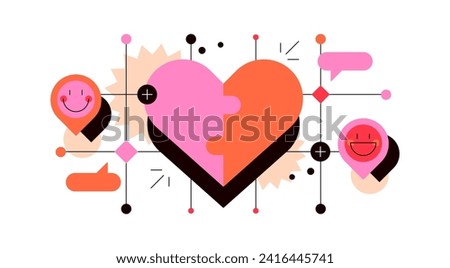Algorithms of love searching, dating apps. Friendship, empathy, chat, connection and relationships. Simple flat banner, wallpaper. Vector file.