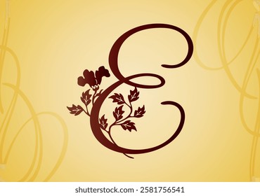 Alhabet letter E with ornament flower and leaf. Vector illustration