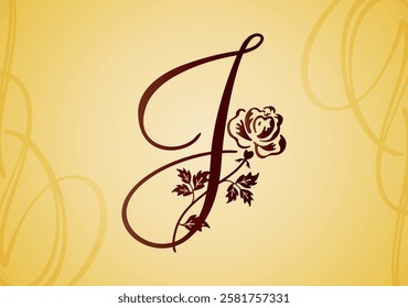 Alhabet letter J with ornament flower and leaf. Vector illustration