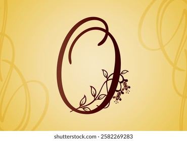 Alhabet letter O with ornament flower and leaf. Vector illustration