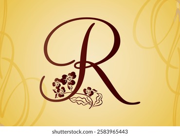 Alhabet letter R with ornament flower and leaf. Vector illustration