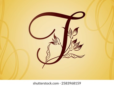 Alhabet letter T with ornament flower and leaf. Vector illustration