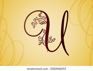 Alhabet letter U with ornament flower and leaf. Vector illustration