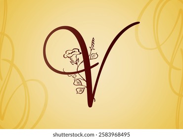 Alhabet letter V with ornament flower and leaf. Vector illustration