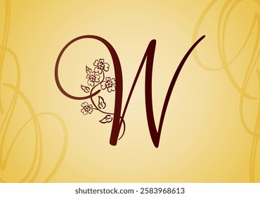 Alhabet letter W with ornament flower and leaf. Vector illustration