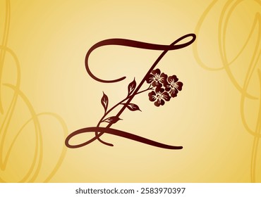 Alhabet letter Z with ornament flower and leaf. Vector illustration