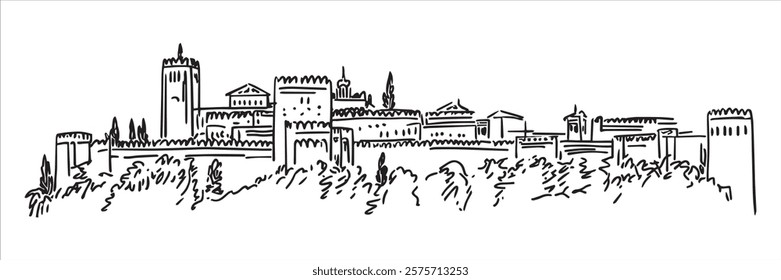 alhambra fortress with detailed black outline drawing of architecture