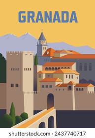 The Alhambra Fortress in Granada, Spain. A historical monument of Islamic architecture. Tourist poster