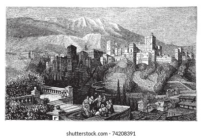 The Alhambra, in Granada, Spain. Old engraving around 1890, showing a group of people in front of the Alhambra fortress, also called the Red Palace.