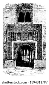 Alhambra the red fortress a palace and fortress the Moorish rulers in Granada vintage line drawing or engraving illustration.