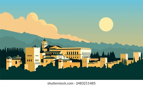 The Alhambra's intricate details are simplified, yet retain their elegance. Warm sunlight bathes the reddish-brown walls, hinting at the palace's rich history