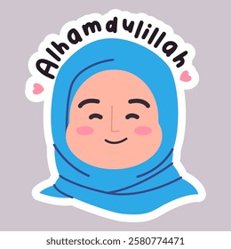 Alhamdulillah Islam religion woman girl female muslimah character wearing hijab happy smiling grateful blessed expression text icon design emoji sticker