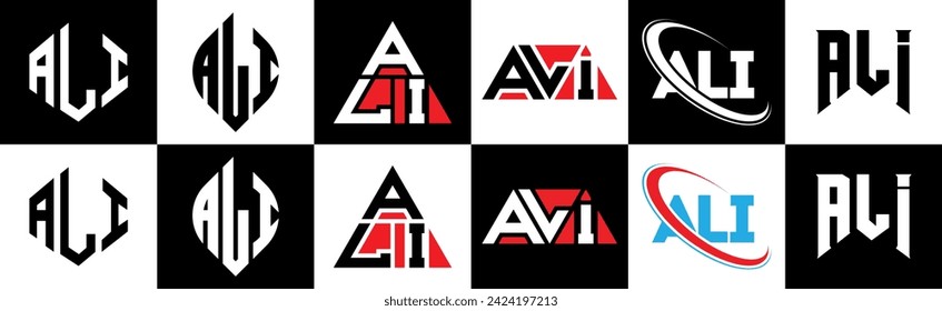 ALI letter logo design in six style. ALI polygon, circle, triangle, hexagon, flat and simple style with black and white color variation letter logo set in one artboard. ALI minimalist and classic logo