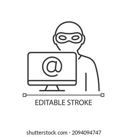 Alias linear icon. Stealing identity online. Malicious activity. Cybercrime. Thin line customizable illustration. Contour symbol. Vector isolated outline drawing. Editable stroke. Arial font used