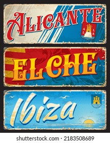 Alicante, Elche, Ibiza, Spanish city plates and travel stickers, vector luggage tags. Spain cities tin signs and travel plates with landmarks, flag emblems and municipality symbols