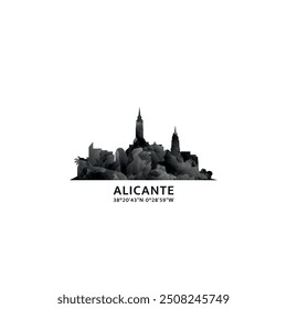 Alicante panorama, vector badge, skyline logo and icon. Spain city horizon logotype with landmarks and building silhouettes. Isolated foggy abstract gradient graphic