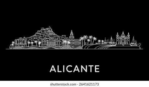 Alicante Skyline Minimalist Outline Black Background.