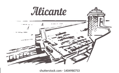 Alicante skyline sketch. Alicante, Spain sea view from the castle  hand drawn illustration isolated on white background.