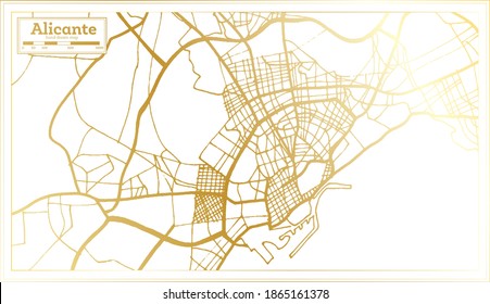 Alicante Spanien Stadtplan im Retro-Stil in goldener Farbe. Übersicht. Vektorgrafik.