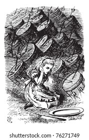 Alice Being Drummed Out of Town - Through the Looking Glass original book engraving. Where the noise came from she couldn't make out: the air seemed full of it, and it rang through.