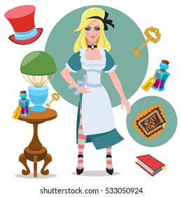 Alice beside the table with magical objects and elixir. Illustration to the fairy tale Alice's Adventures in Wonderland.