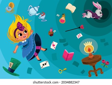 Alice character falls into the rabbit hole  Illustration an Alice in Wonderland background  Vector illustration 