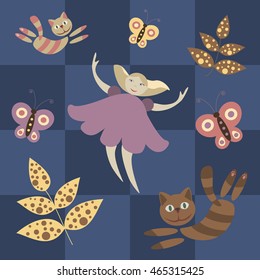 Alice and the Cheshire cat fly. The girl in the fairy tale vector illustration