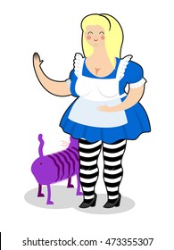 Alice and Cheshire Cat. Old fat woman and shabby fabulous animal
