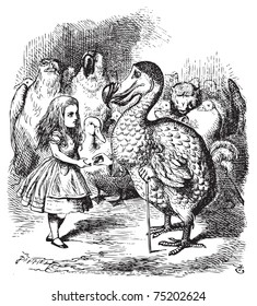 Alice y el Dodo. Entonces todos se aglomeraron alrededor de ella una vez más, mientras el Dodo solemnemente presentó el dedal. Alicia las aventuras en el país de las maravillas. Ilustración de John Tenniel, publicada en 1865.