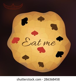 Alice Eat Me Cookie from Wonderland World -Tea Party, Birthday, Children Party, Bridal Shower. Vector illustration on blur background for graphic projects, Real Life Parties and Internet.
