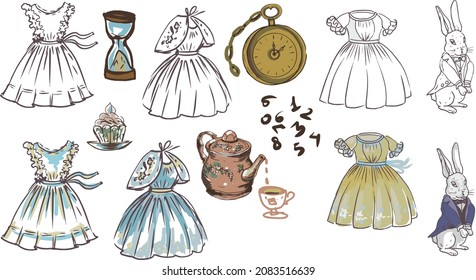 alice fairy tale dresses rabbit clock graphics vector hand drawn print isolated elements on white background