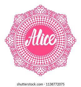 Alice is a fairy-tale round frame with curls pink hand drawn.