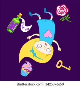 Alice falls down the rabbit hole. Wonderland vector illustration