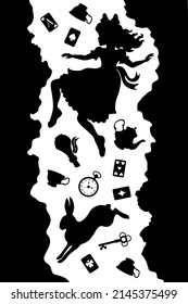 Alice Falls Down The Rabbit Hole. Vector Illustration Of Wonderland. Black Silhouettes Isolated On A White Background