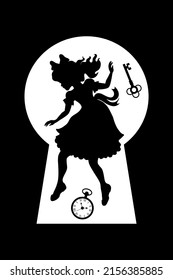 Alice falls down the rabbit hole through the keyhole. Vector illustration of wonderland. Black silhouettes isolated on a white background