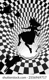 Alice falls down the rabbit hole . Surreal chess background