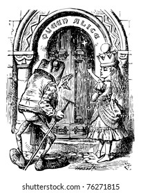 Alice and the Frog at the Door - Through the Looking Glass and what Alice Found There original book engraving. The Frog looked at the door with his large dull eyes for a minute...